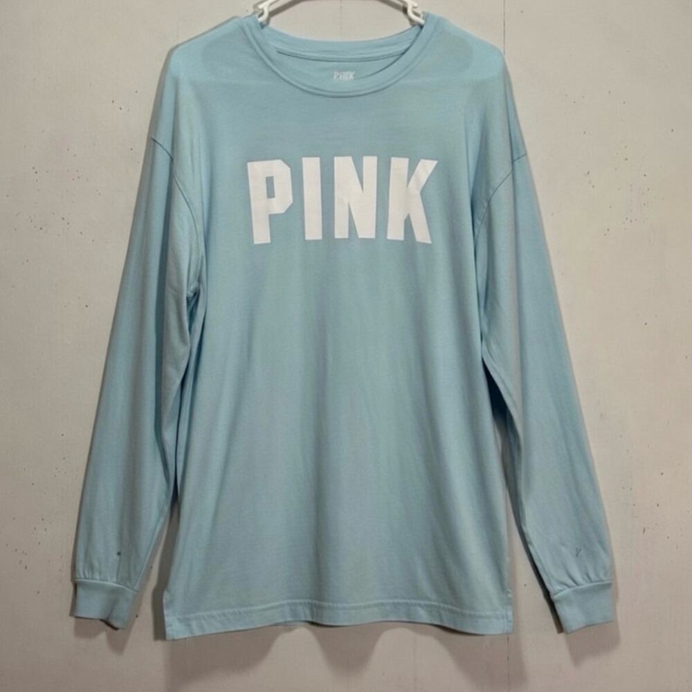 PINK Victorias Secret Bahama Blue Long Sleeve Logo Print Campus Shirt Sz L